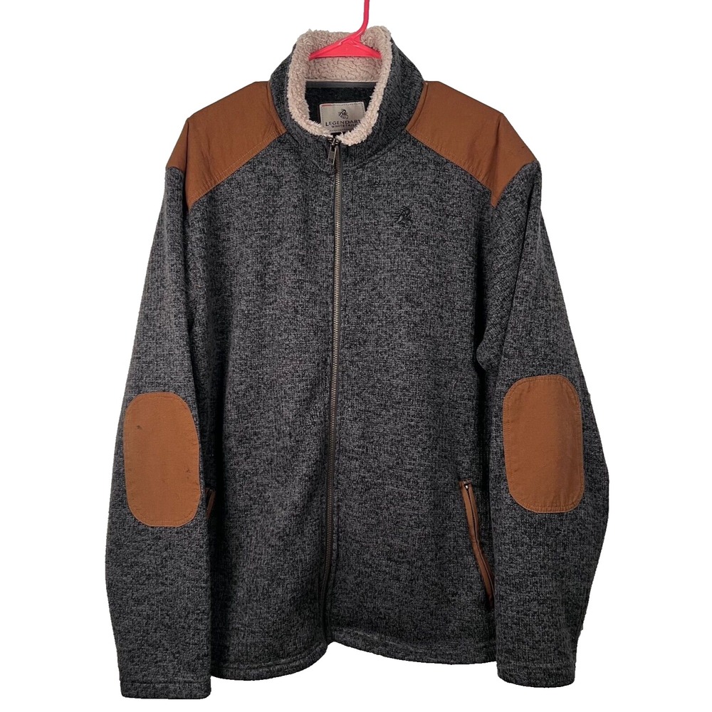 Legendary Whitetails Fleece XL‎ Gray Knit Full Zip Jacket Sweater Elbow Patches